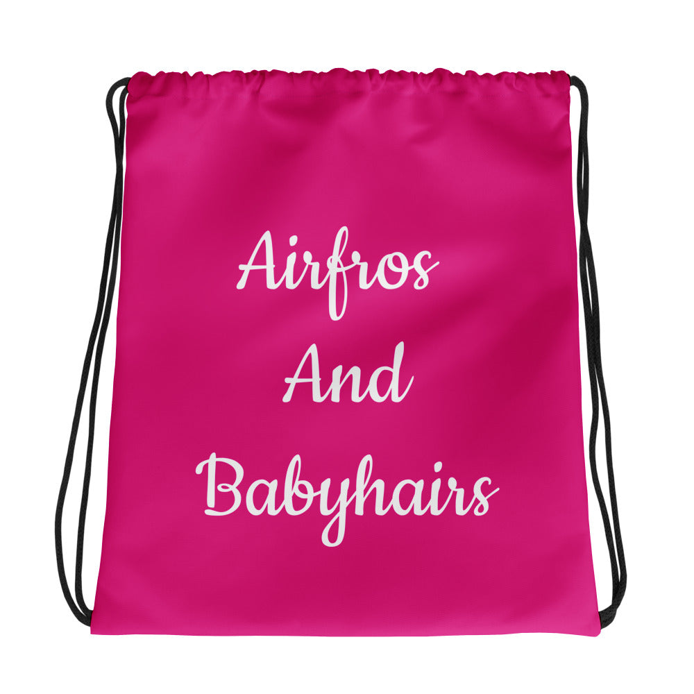 Airfros And Babyhairs Branded White Logo Pink Drawstring bag