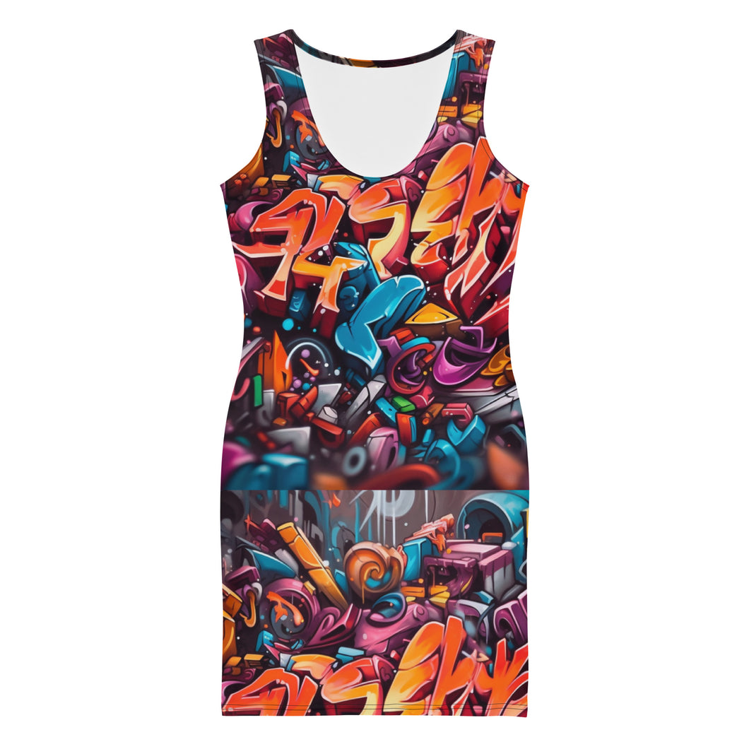 Orange and Blue Graffiti Print Body Dress