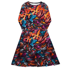 Load image into Gallery viewer, Orange and Blue Graffiti Long Sleeve Midi Dress

